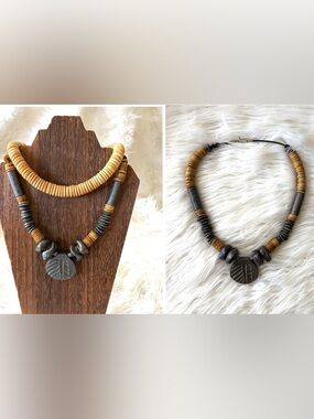 Boho Tribal Bone Heishi and Ceramic Bead Necklace in Natural Brown and Gray